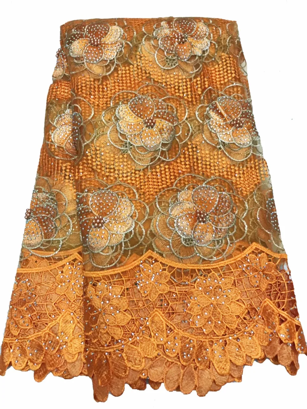 

Bridal french lace fabric beaded african tulle lace fabric 5 yards Latest 3d flower net lace fabric with stones for dress DNF17