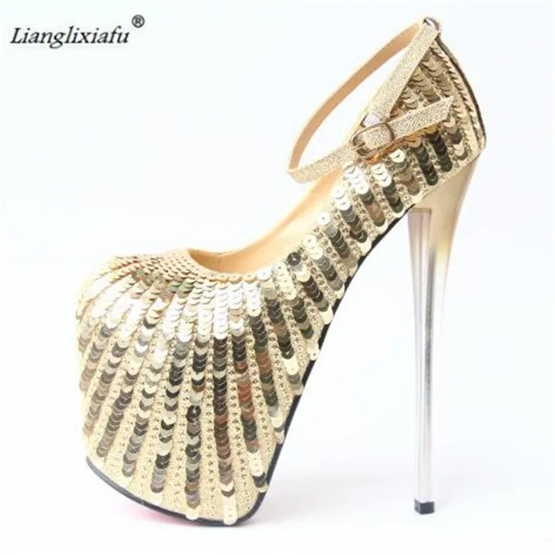 

LLXF zapatos Plus:34-41 42 43 Sexy 20cm Thin High-heeled Sequins platforms Shoes woman Stiletto female Bling Ankle strap Pumps