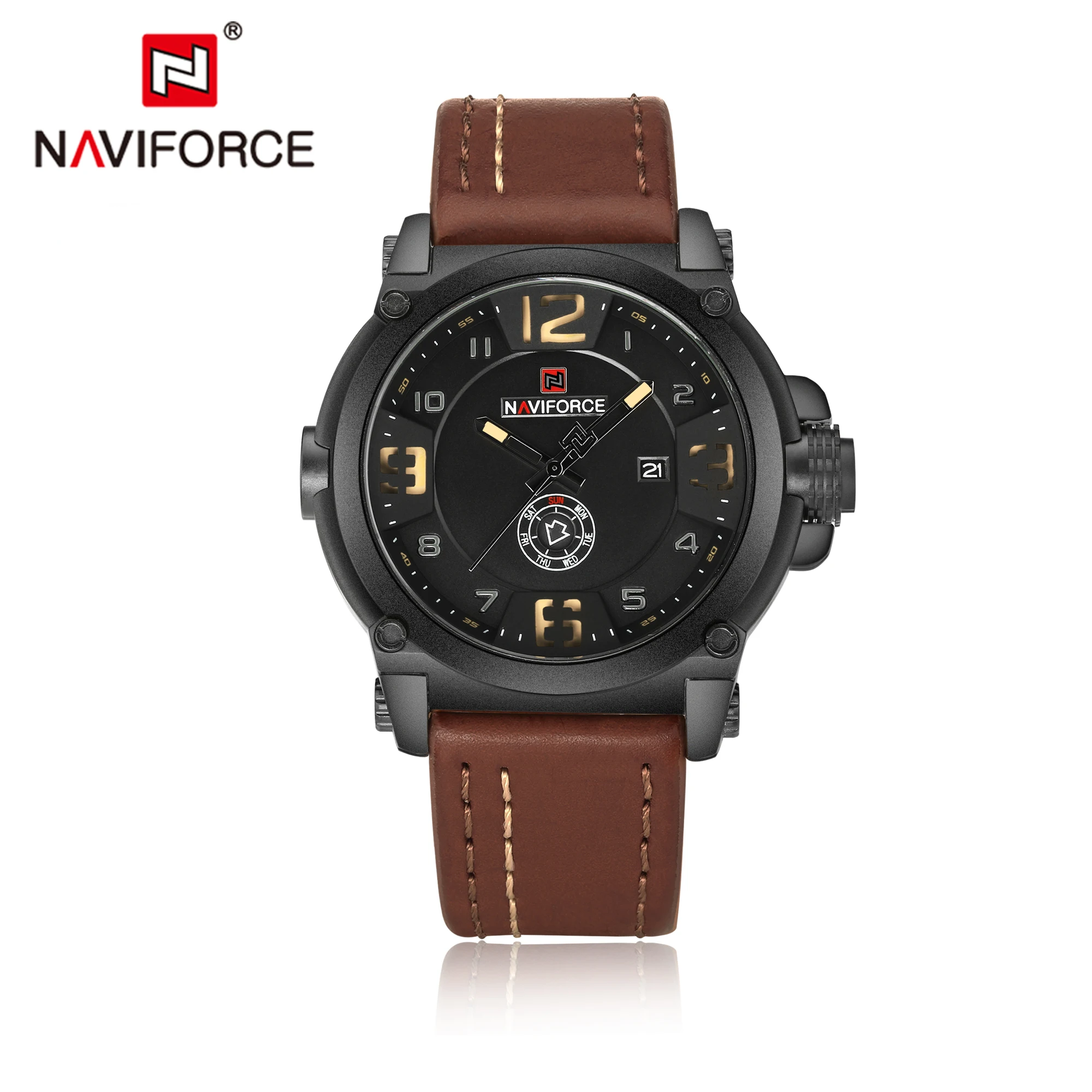 Мужские спортивные часы NAVIFORCE с кожаным ремешком, модные мужские водонепроницаемые наручные часы Saat - Цвет: Brown Yellow