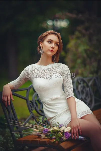 Короткое Кружевное Свадебное платье рукава средней длины шнуровка сзади Пляжное