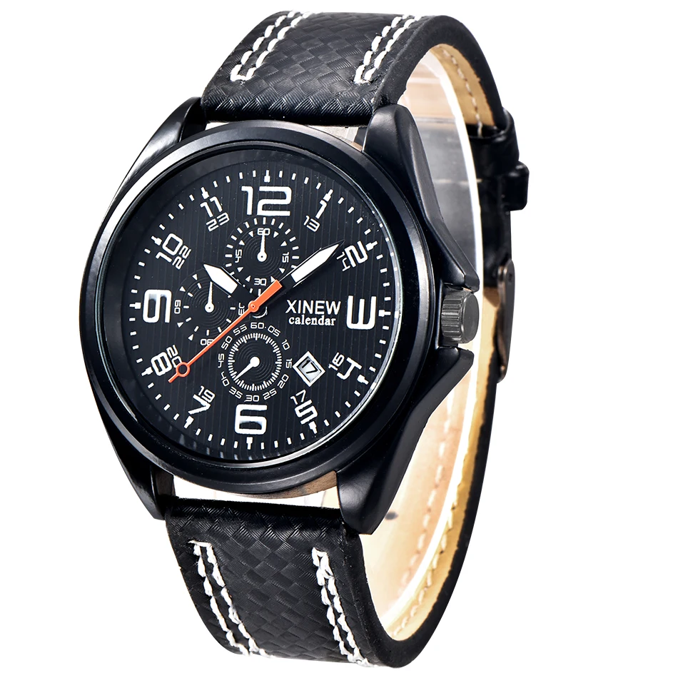 Фото Дешевые мужские наручные часы с ремешком из искусственной кожи календарем и