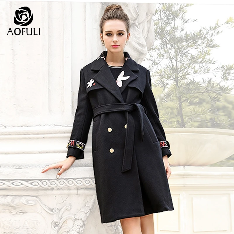 AOFULI M XXXL Женское шерстяное пальто с вышивкой X long поясом Зимняя мода двубортное