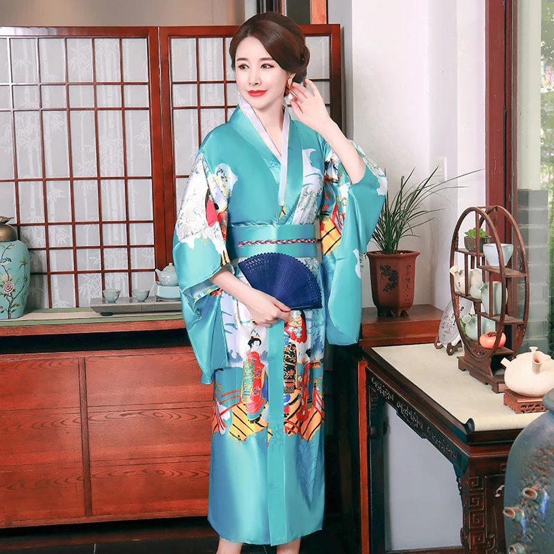 

Yukata With Obi Lack Blue Female Print Peacock Kimono Bathrobe Gown Japanese Style Belt Evening Party Dresses Cosplay Costume