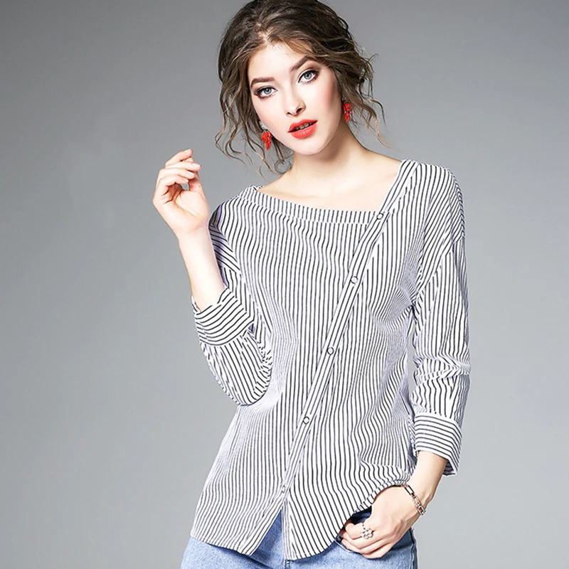 

New Skew Collar Striped Blouses Women Spring 2018 European Style Female Casual Shirts Slim Elegant Office Lady Shirt Tops