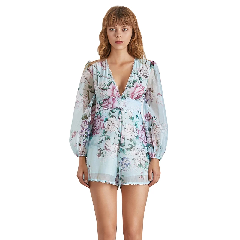 TWOTWINSTYLE Summer Print Playsuit For Women V Neck Lantern Sleeve High Waist Slim Shorts Female Fashion Casual New