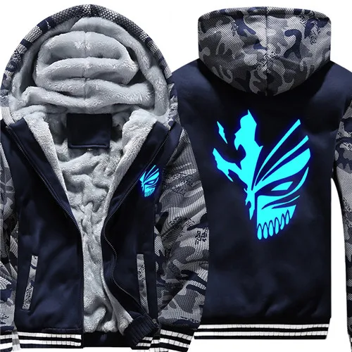 Camo Blue Новые супер теплые пальто Аниме BLEACH светящиеся мужские толстовки плотные флисовые камуфляжные куртки на молнии с капюшоном - Цвет: Camo Blue
