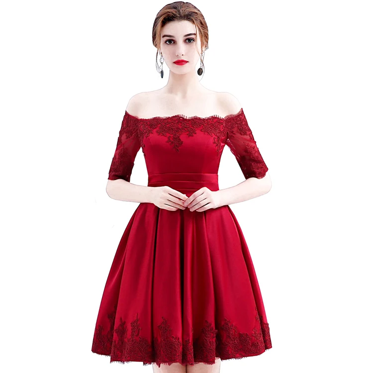 Ladybeauty,, красное вино, кружево, вышивка, Роскошный атлас, половина рукава, короткое элегантное вечернее платье выпускной вечер, платье, халат De Soiree - Цвет: Red wine