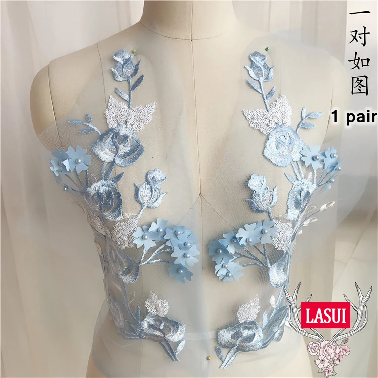 Аппликация LASUI 20*36 см с небесно голубым бисером и блестками 3D Цветочная вышивка