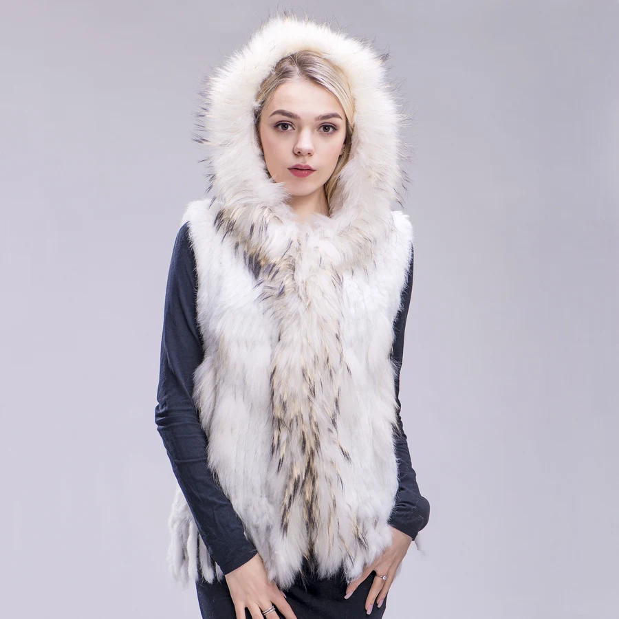 ZDFURS* Новинка,, женский жилет из натурального кроличьего меха с мехом енота, с капюшоном, воротник, отделка, вязаный жилет из натуральной кожи