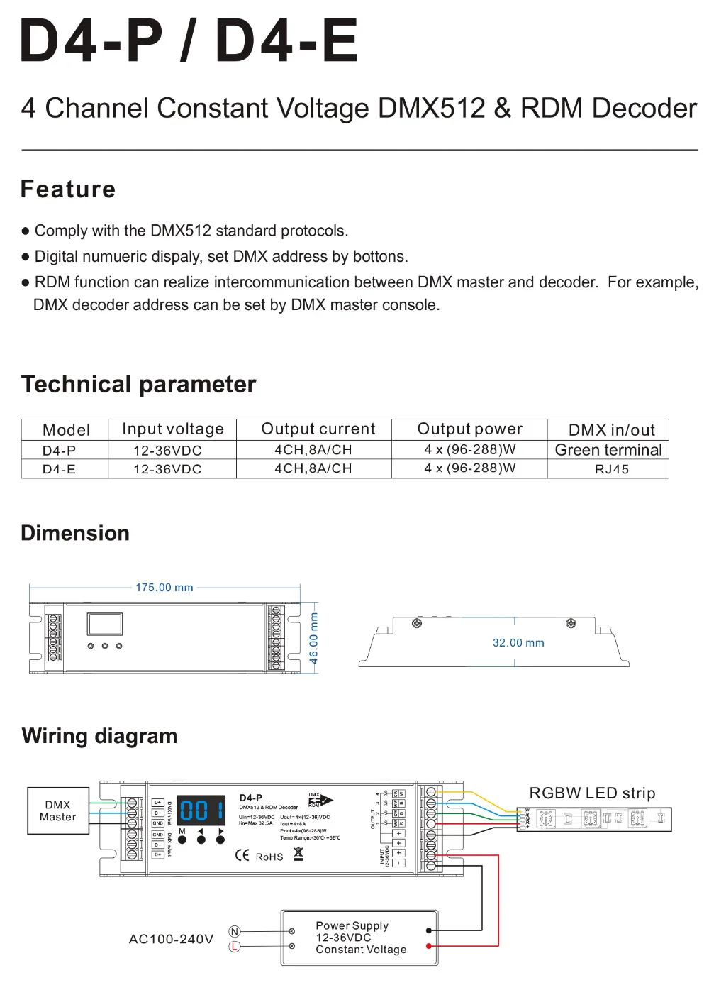 D12/D24/D4-XE/D4-L/D4/DS/DS-L/D4-P/D4-E постоянное напряжение DMX512& RDM декодер RGB Светодиодная лента контроллер светодиодный светильник Диммер
