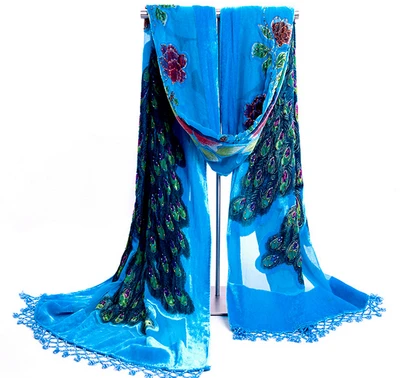 lakeblue Новые винно-красные женские бархатные шелковые бисерные платки со стразами винтажные шарфы ручной работы с вышивкой шарф с принтом Павлин 112311 - Цвет: lakeblue