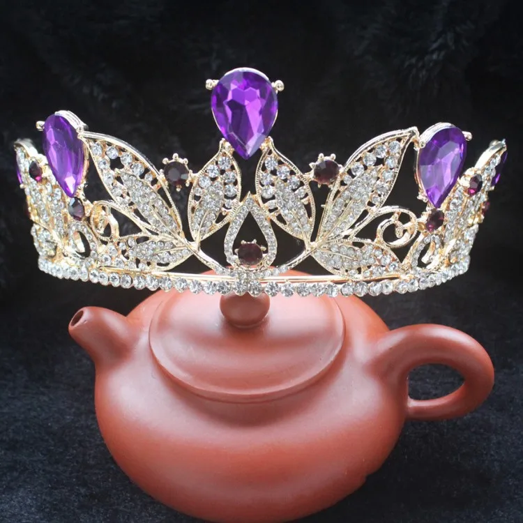Gold Purple Винтажная тиара в стиле барокко с зеленым кристаллом, женский свадебный головной убор, стразы, диадема, Золотая Корона, свадебные аксессуары для волос, тиара de noiva - Окраска металла: Gold Purple
