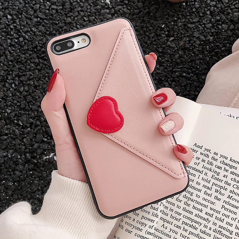 Розовый 3D любовь конверт с сердцами Дизайн чехол для iPhone X 10 XR XS Max Флип кожаный бумажник задняя крышка для iPhone 6s 7 8 плюс Чехол для телефона - Цвет: Розовый