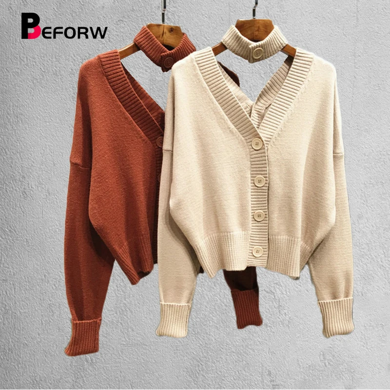 BEFORW Двусторонняя V шея Однобортный свитер женский Повседневная куртка женская