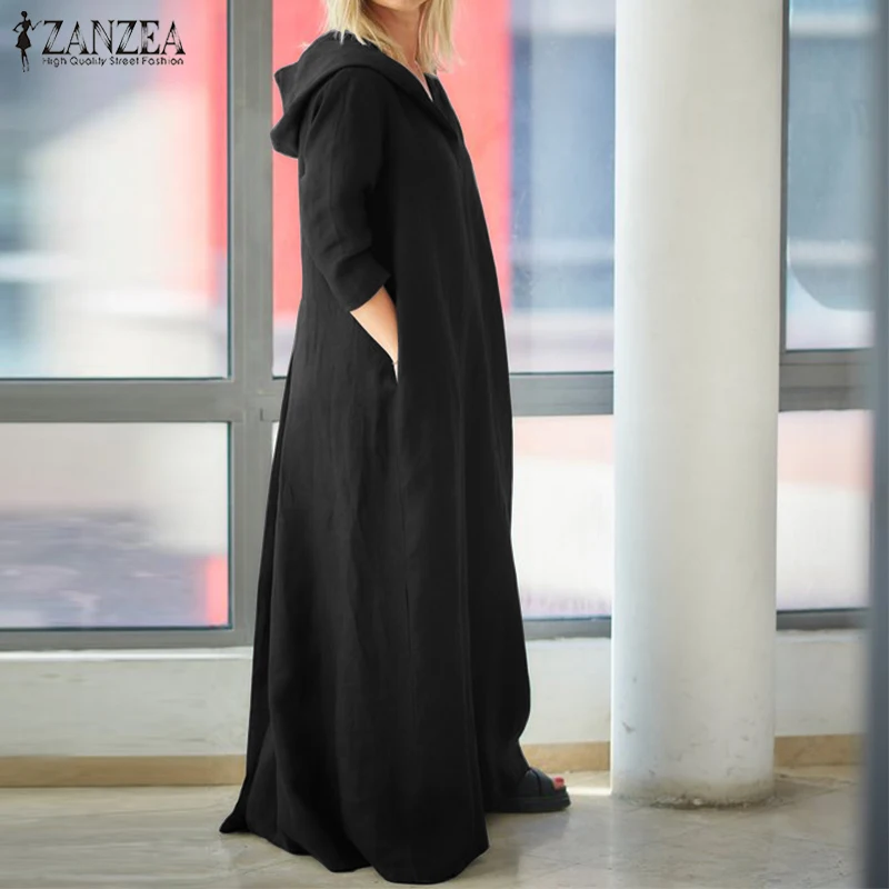 Осень, ZANZEA, женские толстовки с капюшоном, длинный рукав, платье, повседневное, винтажное, одноцветное, макси, длинное, свободное, хлопок, лен, Vestido, халат, сарафан для вечеринки
