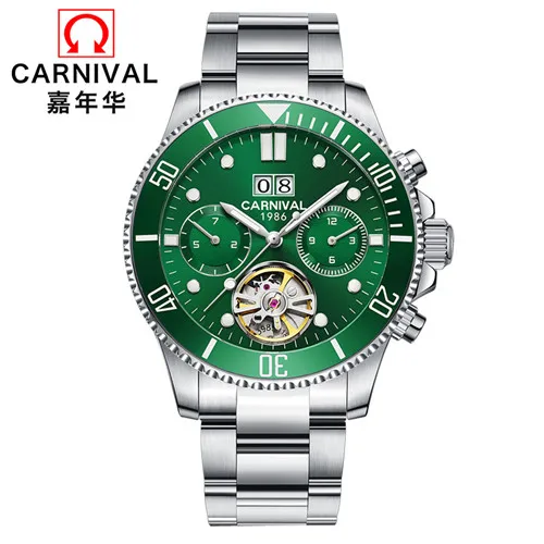 Green C8880T Швейцарские карнавальные турбийон мужские часы светящиеся Роскошные брендовые механические часы мужские полностью стальные часы reloj uhr kol saati - Цвет: Green C8880T