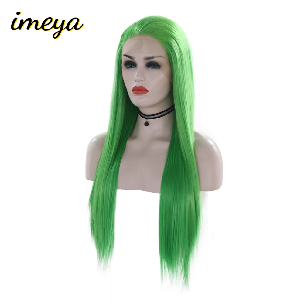 Imeya Long Silky Straight Lace Front Wigs Heat Resistant Half Hand Tied Synthetic Green Hair Cosplay Wigs For Women