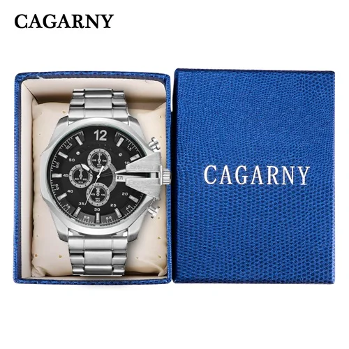 silver black and box Cagarny Relogio Masculino Топ Бренд роскошные часы мужские золотые часы из нержавеющей стали военные наручные часы большой циферблат часы мужской подарок - Цвет: silver black and box