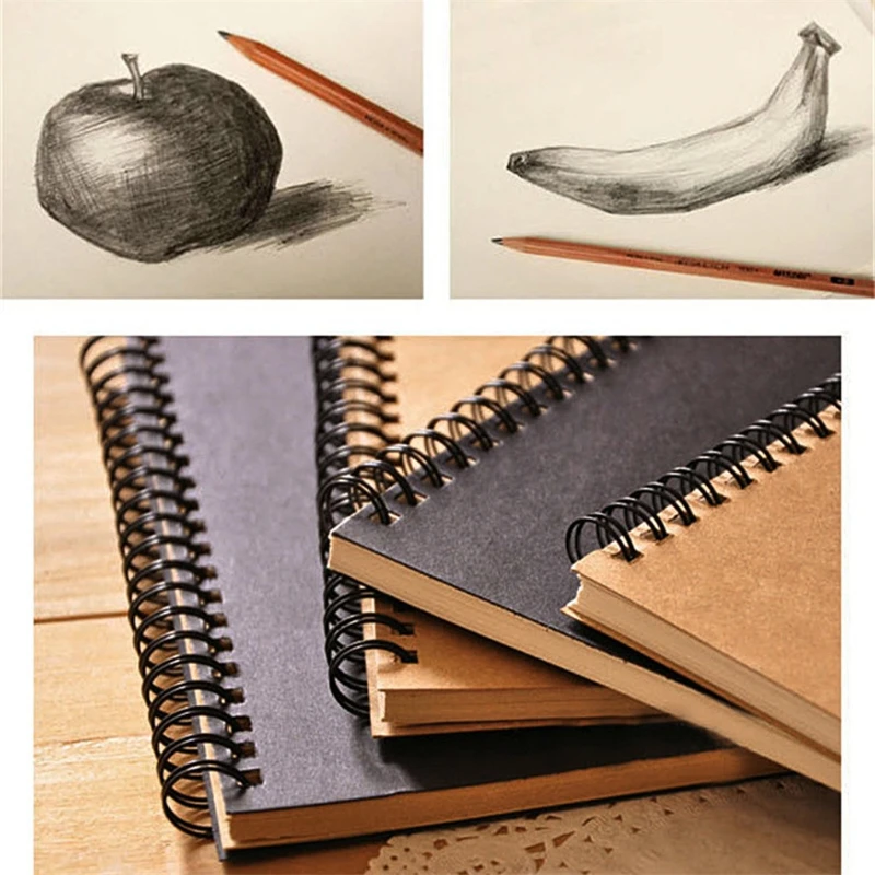

1Pc Sketch Paper Notebook Reeves Retro Spiral Bound Coil Sketch Book Blank Notebook Kraft Sketching Paper Black surface
