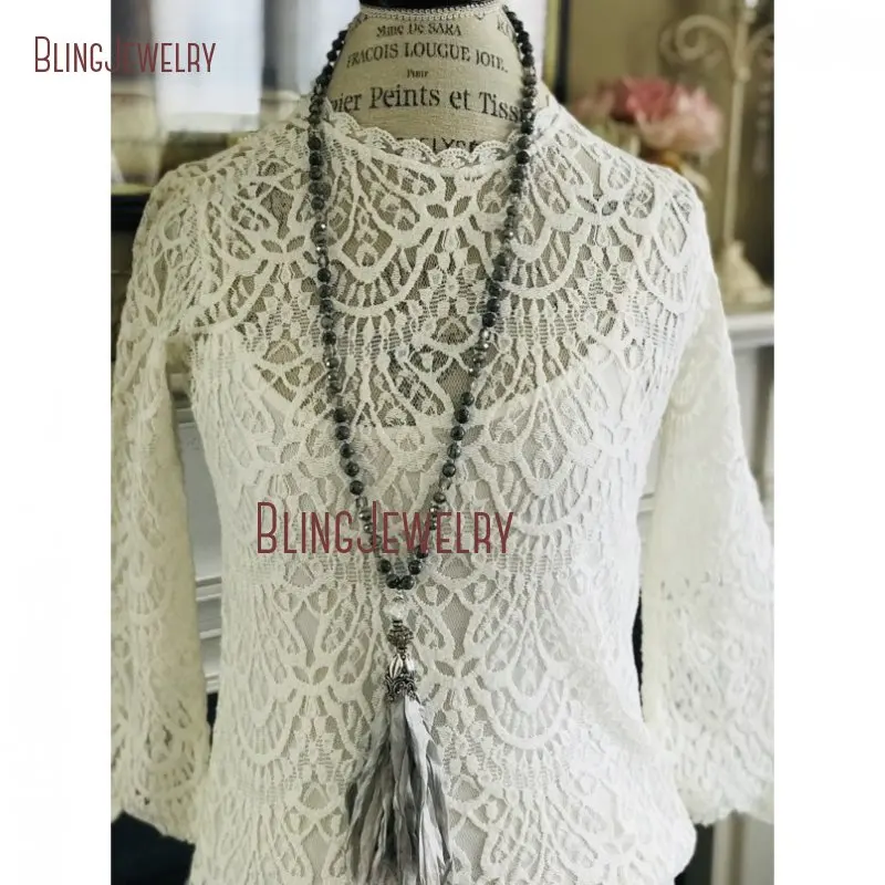 Fun Accessory Black Knot Gems Beads Necklace Shabby BoHo Gray Sari Silk Tassel NM24967 | Украшения и аксессуары