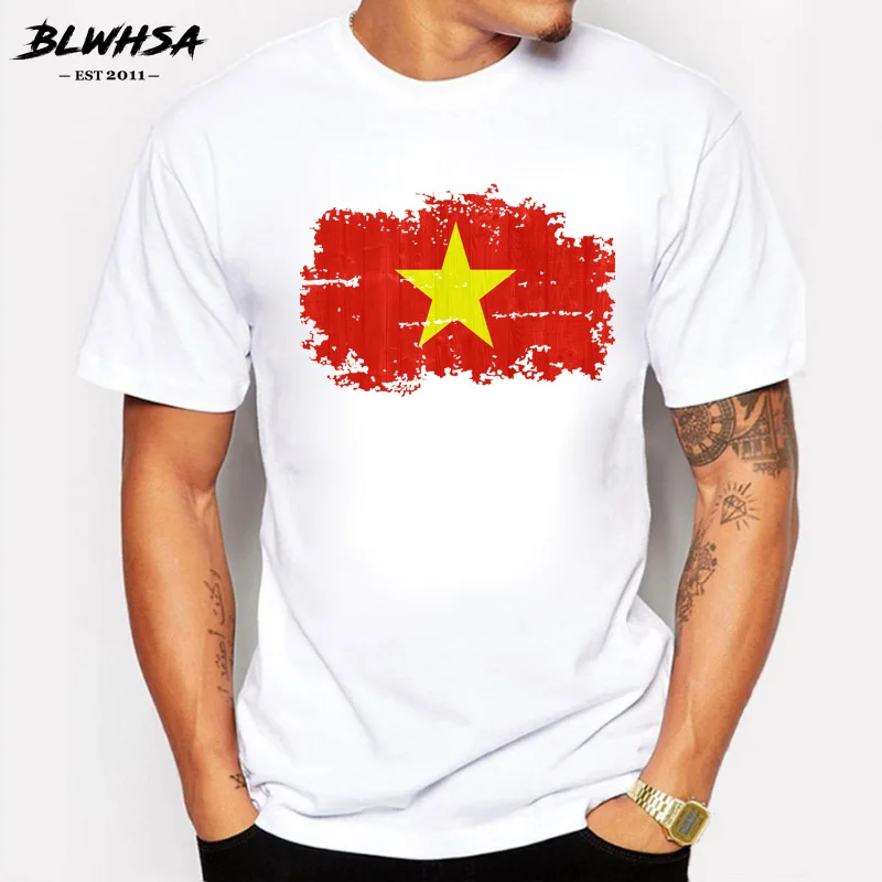 

BLWHSA Short Sleeve Vietnam Nation Flag Nostalgic Style Men T Shirt Summer White Fitness Casual T-shirt Simple Men Clothing