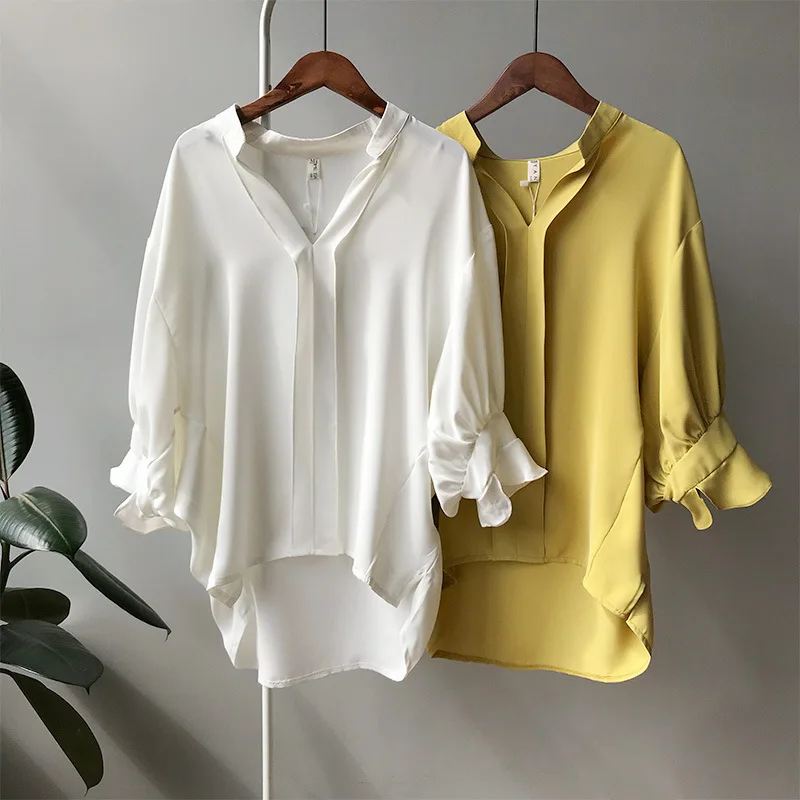 Шифоновая женская блузка модный дизайн топы с рукавами-лепестками глубокий