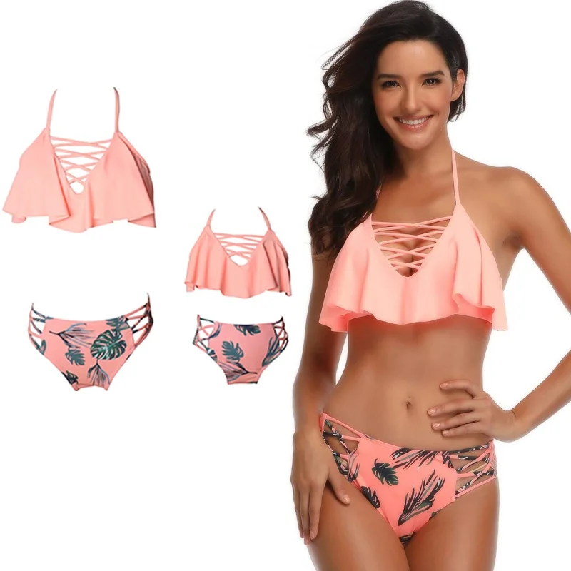 Купальный костюм для мамы и дочки купальный ребенка бикини с гофрированным