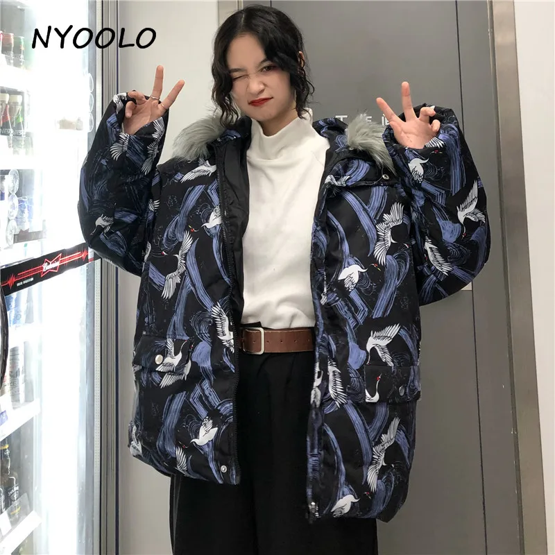 NYOOLO, зимние теплые пальто, с принтом Журавля, уличная одежда, свободный большой меховой воротник, на молнии, куртка с капюшоном, парки, Женская/Мужская одежда, верхняя одежда