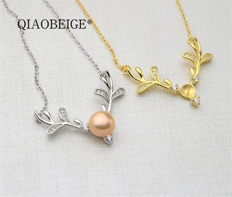 QIAOBEIGE Diy ручной работы s925 silver 7-8 мм Жемчуг полые рога ожерелье «Олень» комплект цепи аксессуары Populary женщины ожерелье