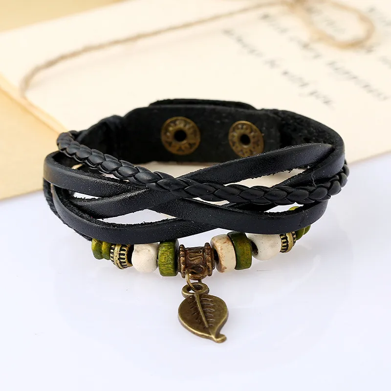 Винтажный плетеный браслет SOHOT многослойный ручной работы из натуральной кожи в