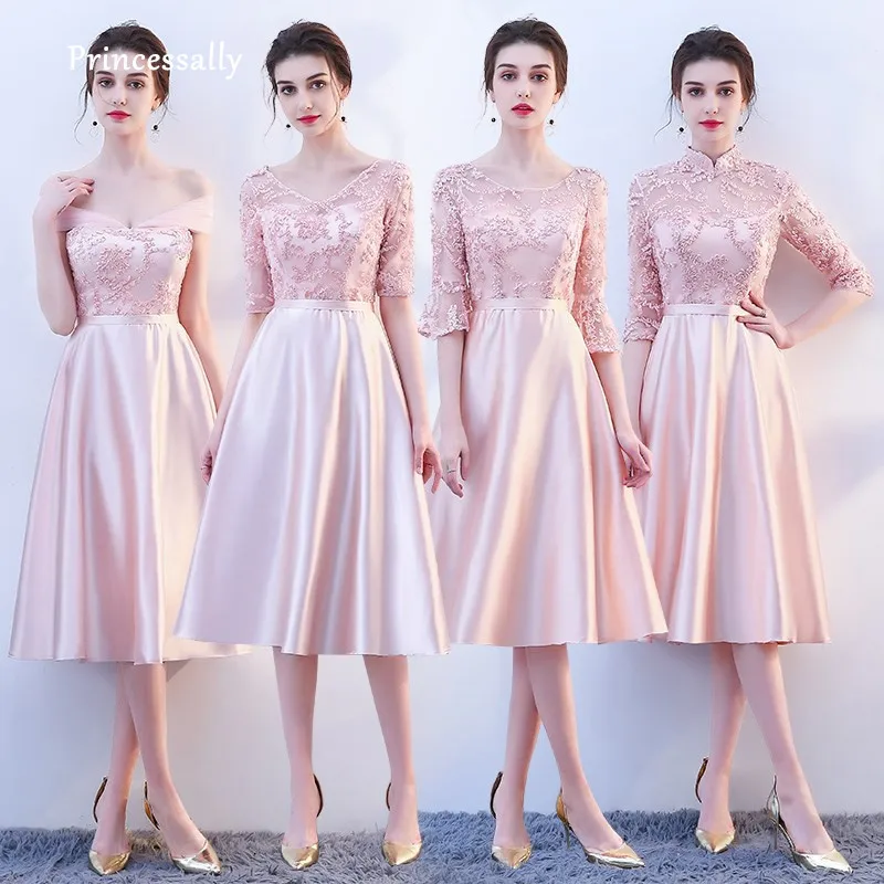 Женское платье подружки невесты розовое атласное кружевное до середины икры