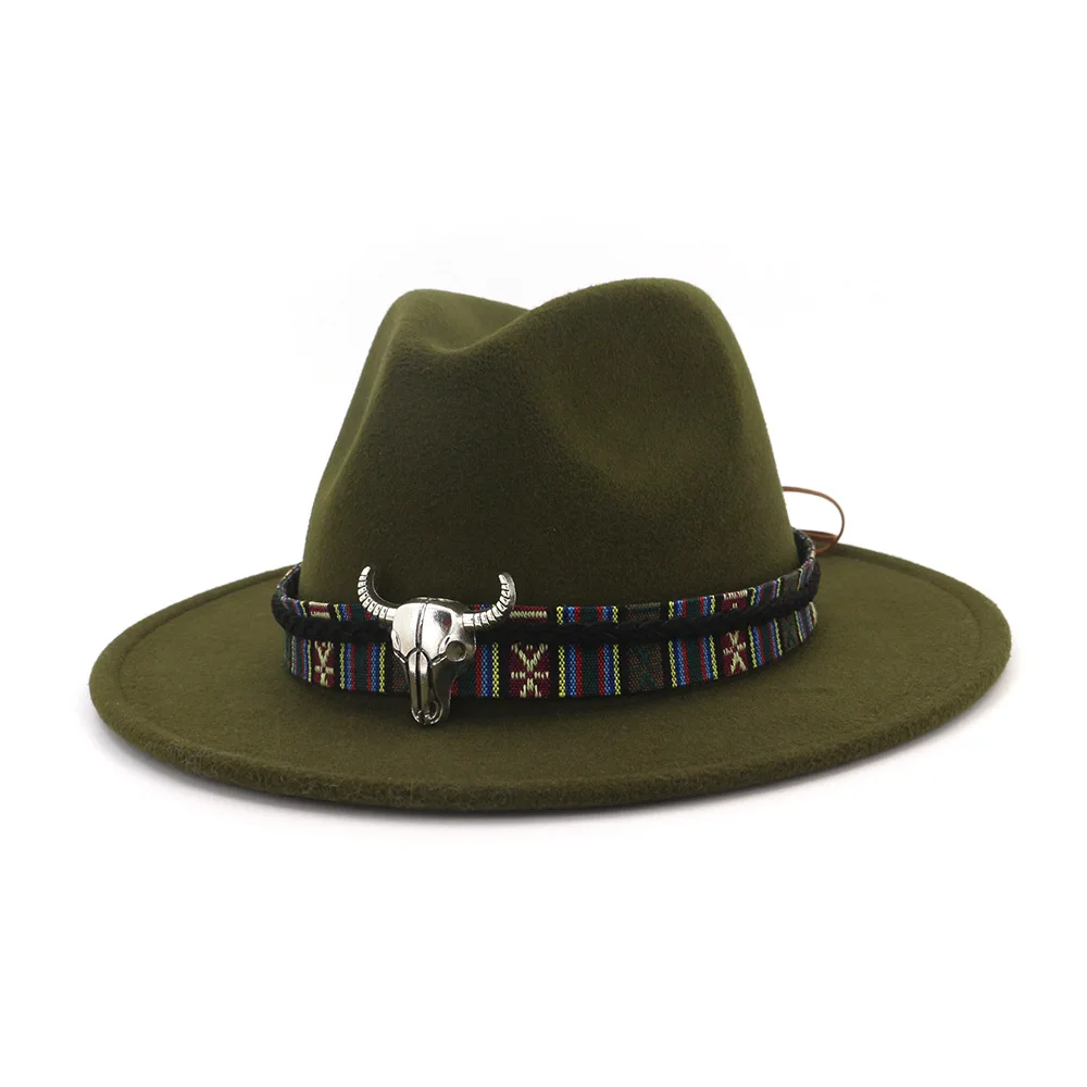 Green Шерстяная фетровая шляпа Панама Джаз Fedoras Шляпы с металлический лист плоские полями формальная Вечеринка и сцена топ шляпа для женщин мужчин унисекс - Цвет: Green