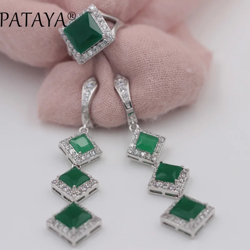 Серьги и кольцо PATAYA женские Длинные Зеленые квадратные бриллиантовые комплекты