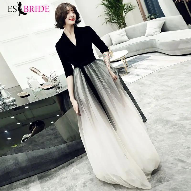 Черное вечернее платье, Vestidos De Fiesta De Noche, постепенное изменение цвета, вечерние платья с v-образным вырезом, вечернее платье, Robe De Soiree ES1948