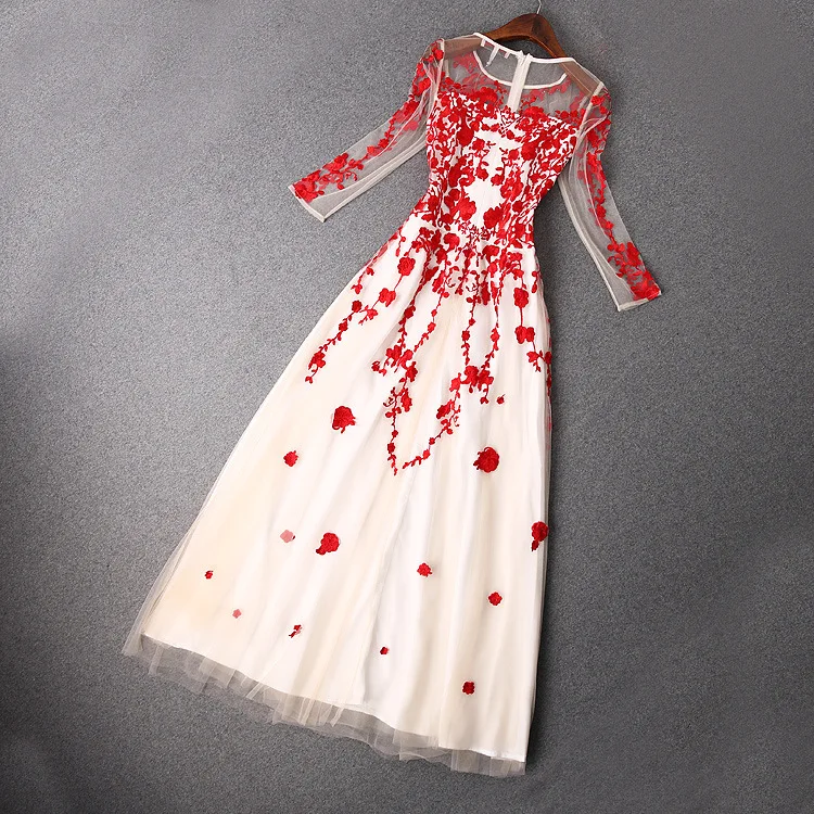 Женское газовое платье длинное бальное с вышивкой рукавом 2016 для свадьбы и
