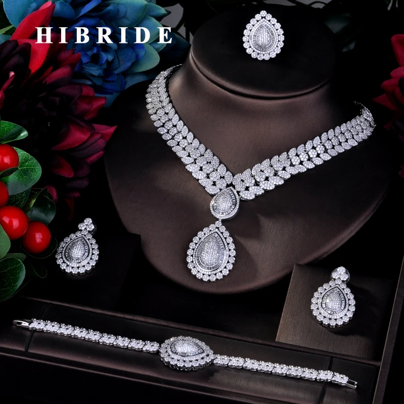 Роскошные серьги, браслет, кольцо, ожерелье HIBRIDE с фианитами, большие полные комплекты украшений для женщин, свадебные аксессуары, ювелирные...
