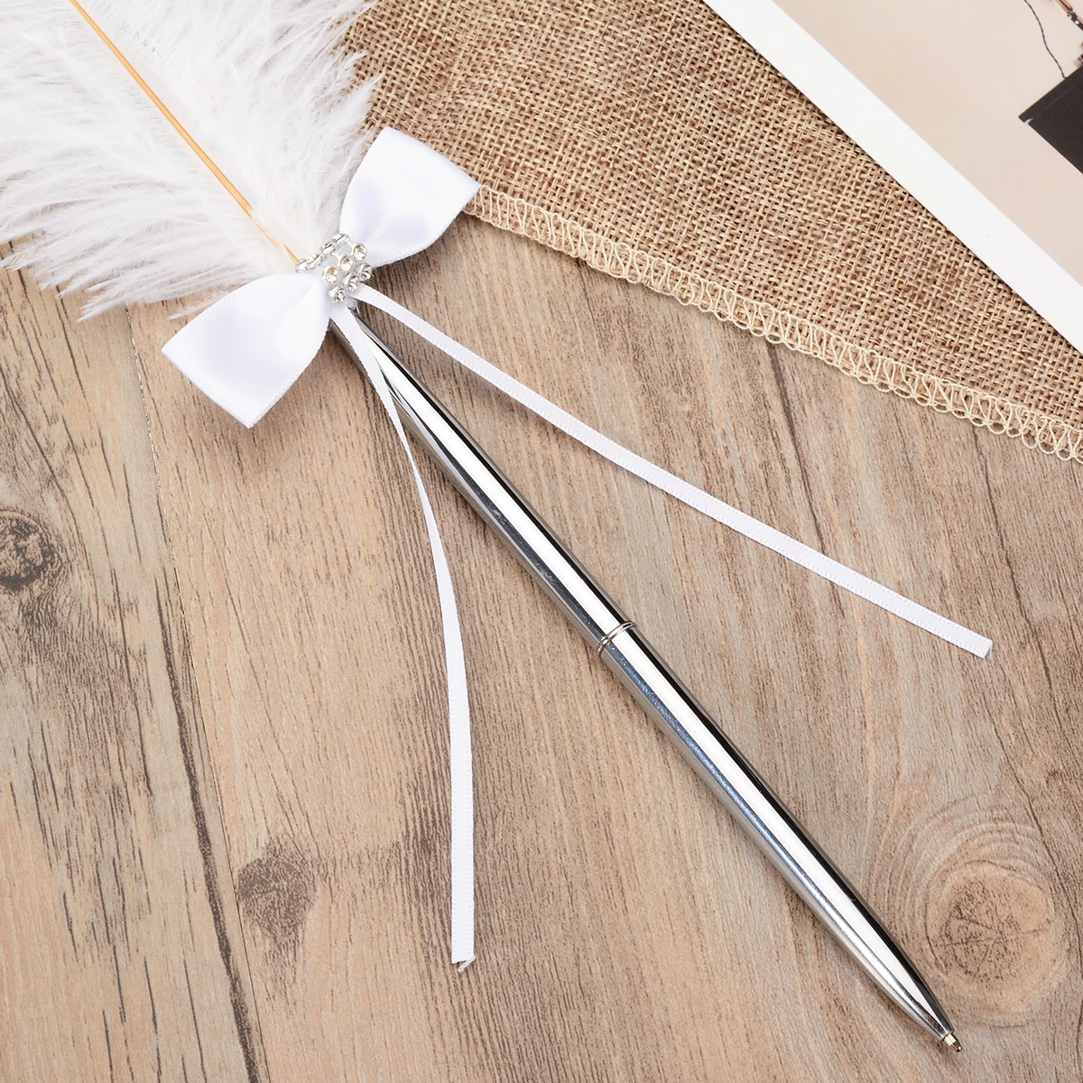 

1pc Chic Wedding Feather Bowknot Signing Pen Quality White Book Sign Vintage Quill Pens for Banquet Guest Party Wedding Supplies