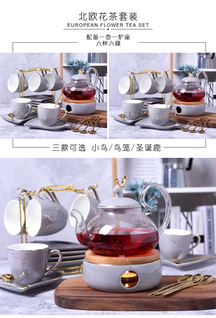 Набор чайников в скандинавском цветочном стиле, европейские керамические стеклянные чайные сервизы с изоляцией для свечей, многокомпонентные Чайные сервизы в английском стиле