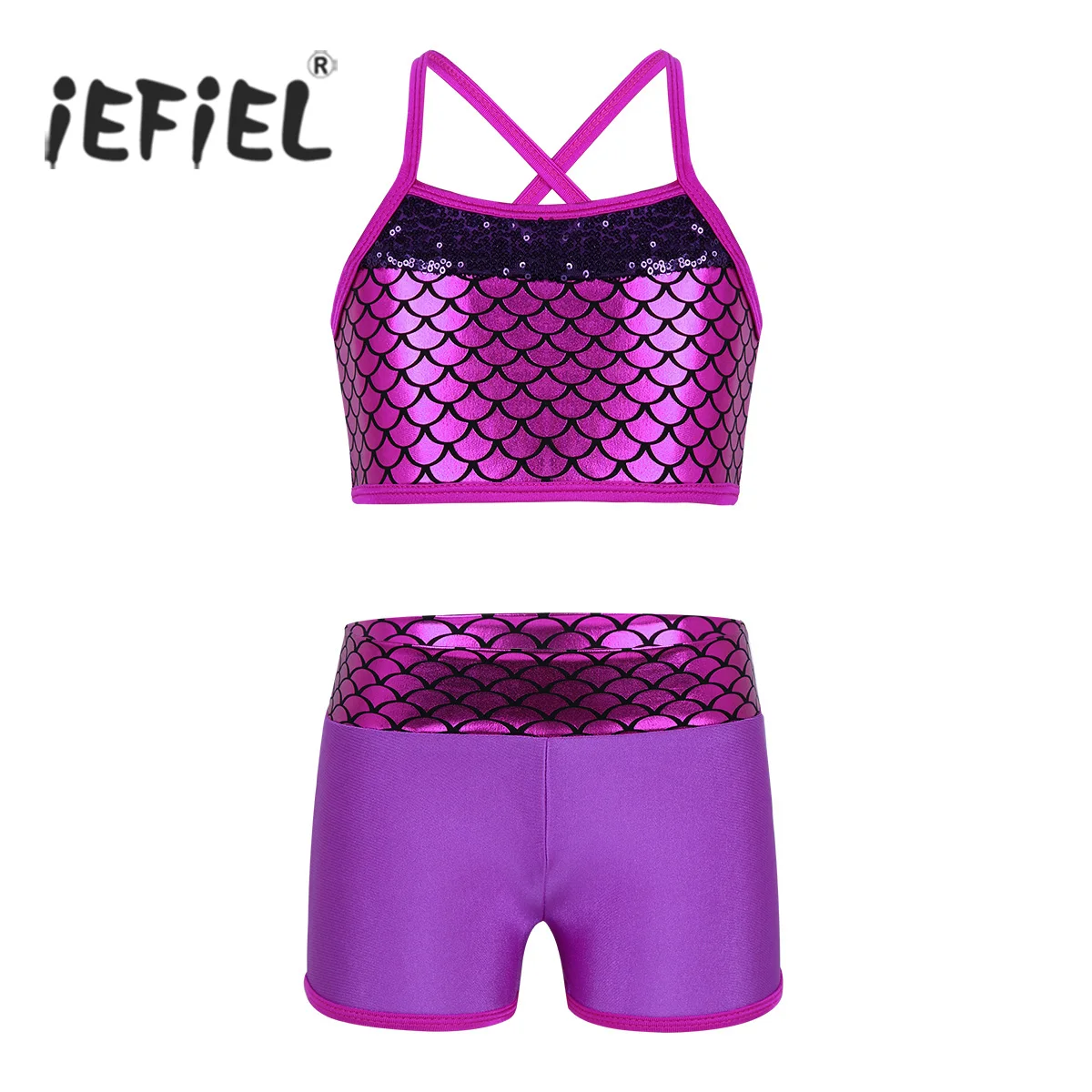 

iEFiEL Girls Tankini Outfit Sleeveless Sequins Mermaid Scales Printed Tank Top with Bottoms Set for Kids Ballet Dance Gymnastics