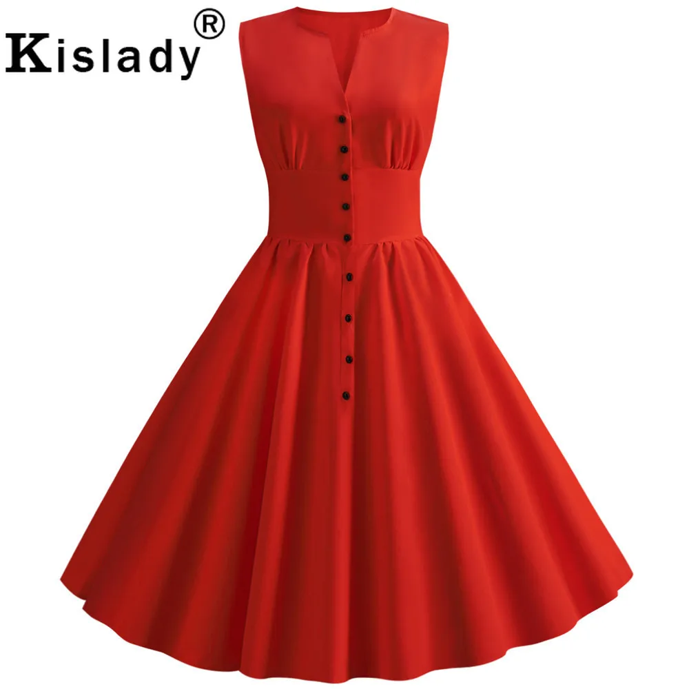 Summer Women's Button Vintage Dress 50s Sweet Casual Sleeveless Swing Retro Rockabilly Slim Party Yellow Robe Femme | Женская одежда