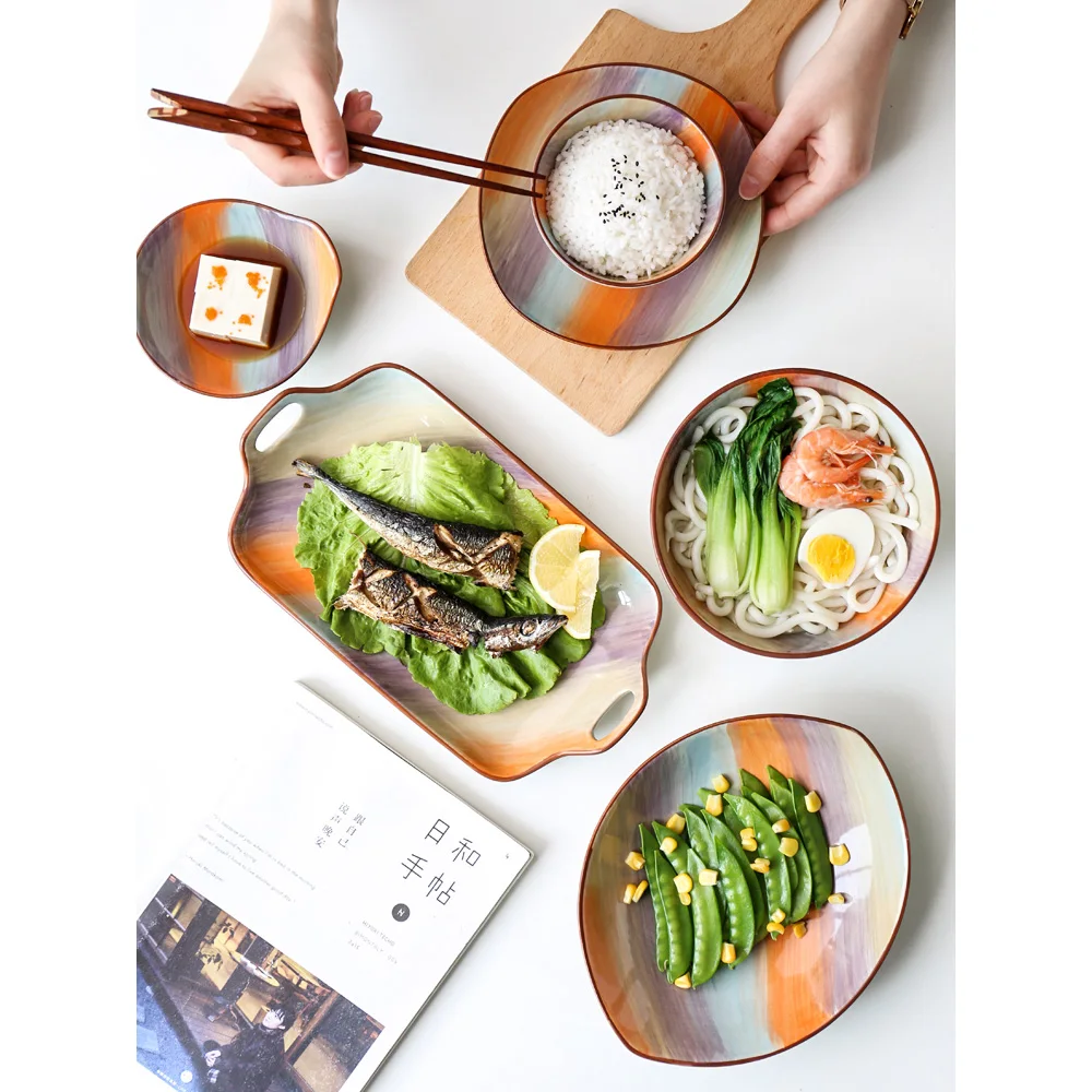 Керамические обеденные тарелки в японском стиле наборы посуды и тарелок для