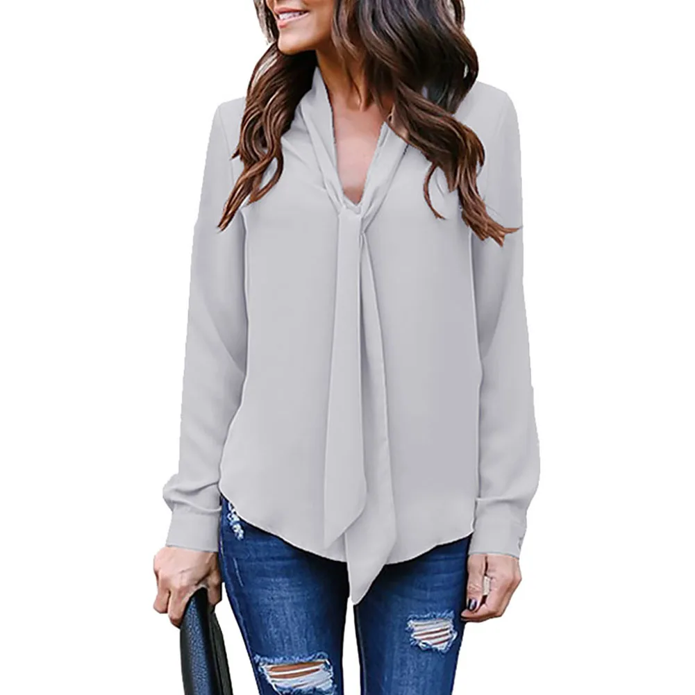 Для женщин Дамы v образным вырезом свободные Fabala рубашка шифон с длинным рукавом