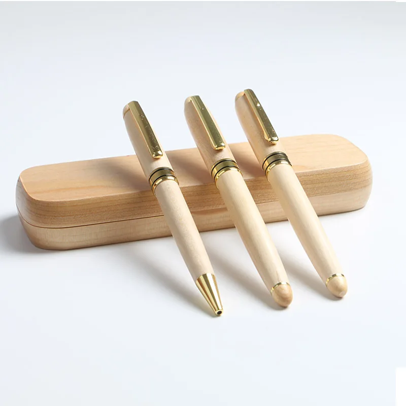 Wood Ballpoint Pen Roller Ball Pen Fountain Pen With Wood Pencil Case Pencil Box Blue ink Black Refill Custome Logo for GiftP758