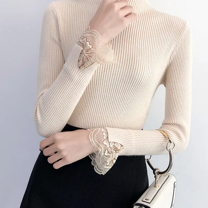 Women Knitted Pullover Turtleneck Lace Patchwork Autumn Winter Sweaters Lady Pullovers | Женская одежда