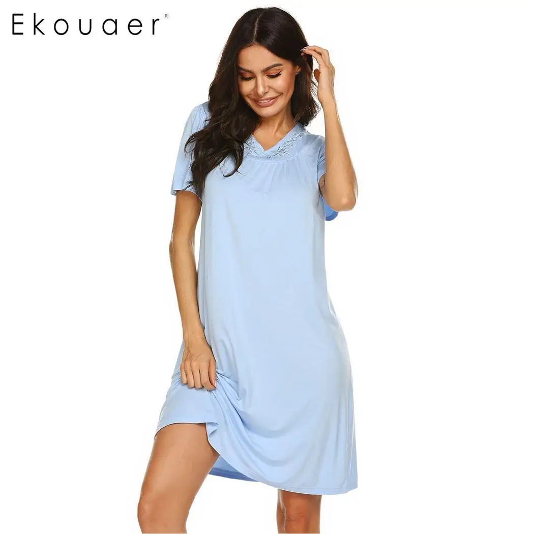 Ekouaer, женская летняя ночная рубашка, домашнее платье, пижама, однотонное, длинное, ночная рубашка с коротким рукавом, ночная рубашка, ночная рубашка, женская ночная рубашка