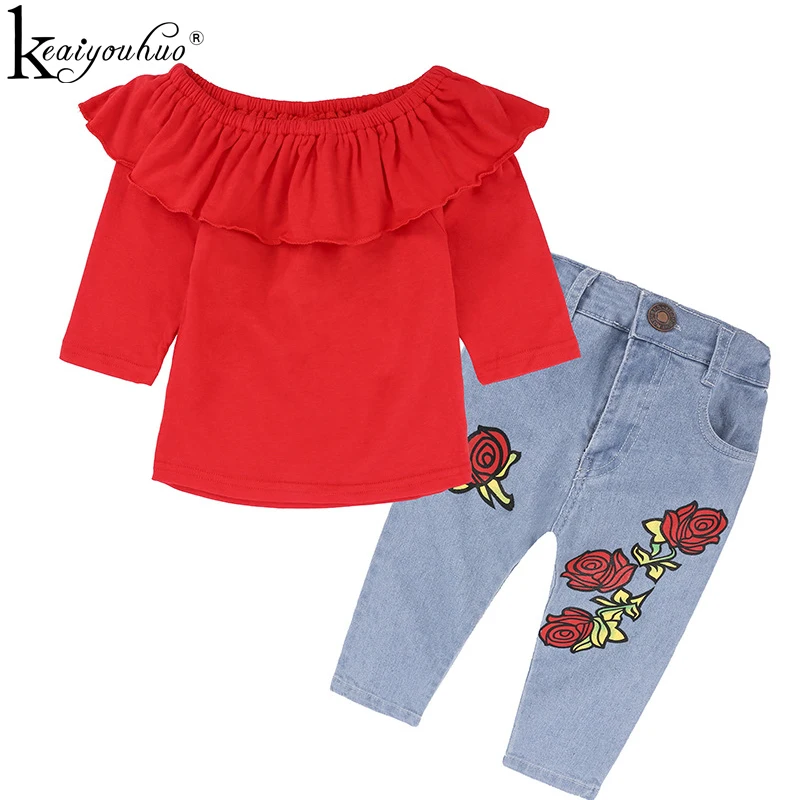 

KEAIYOUHUO 2018 Spring Children Clothing Sets Girls Clothes Sets Costume For Kids Clothes Rose Flower Off Shoulder T-shirt+Jeans