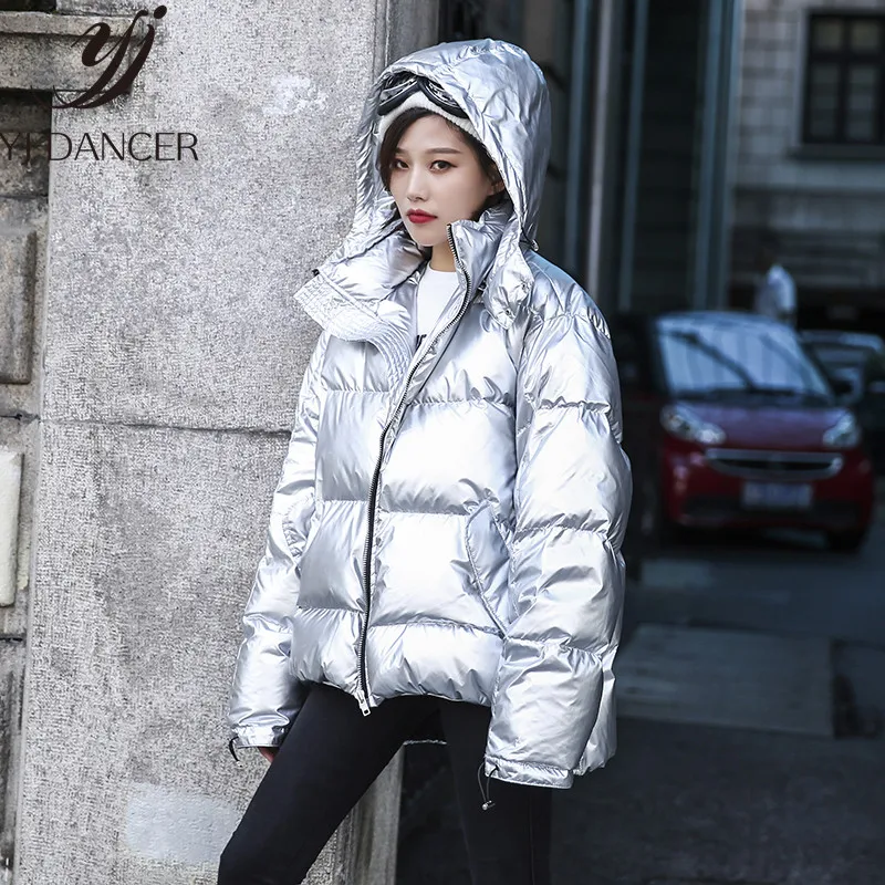 

Winter 2018 New High Fashion Street Womens Edgy Sliver Long Down Jacket Zipper Hooded Down Female Coat Outerwear YZH536