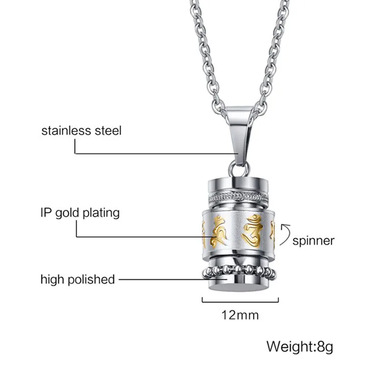 Stainless Steel Buddhism Six Words Rotatable Necklace Women Men OM Mantra Prayer Wheel Mantra Bottle Urn Pendant Necklace images - 6