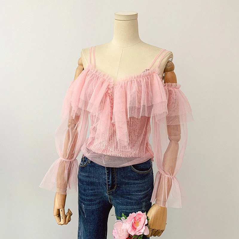 ALPHALMODA кружевная блузка с оборками + кружевной топ блестками женский сексуальный