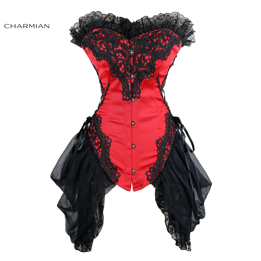 Black and Red Charmian женский сексуальный готический винтажный Корсет без косточек свадебные корсеты и бюстье размера плюс с кружевной отделкой - Цвет: Black and Red